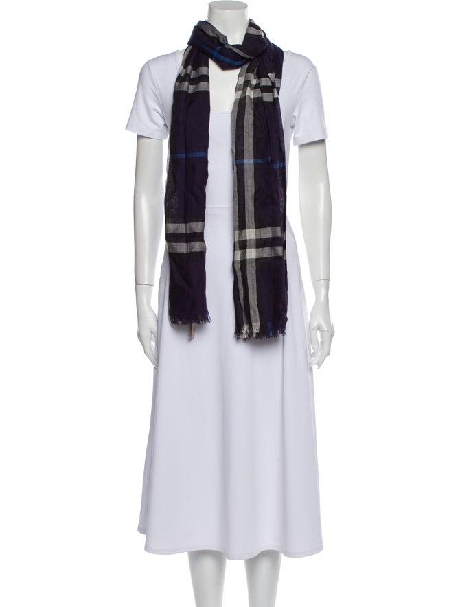 Burberry Virgin Wool Plaid Print Scarf Blue Scarves and Shawls, Accessories BUR207894 The