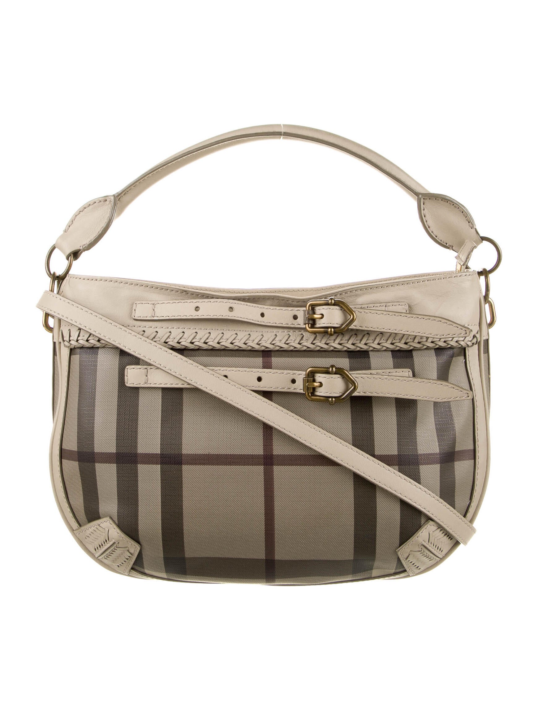 Burberry LeatherTrimmed Check Bag Grey Shoulder Bags, Handbags