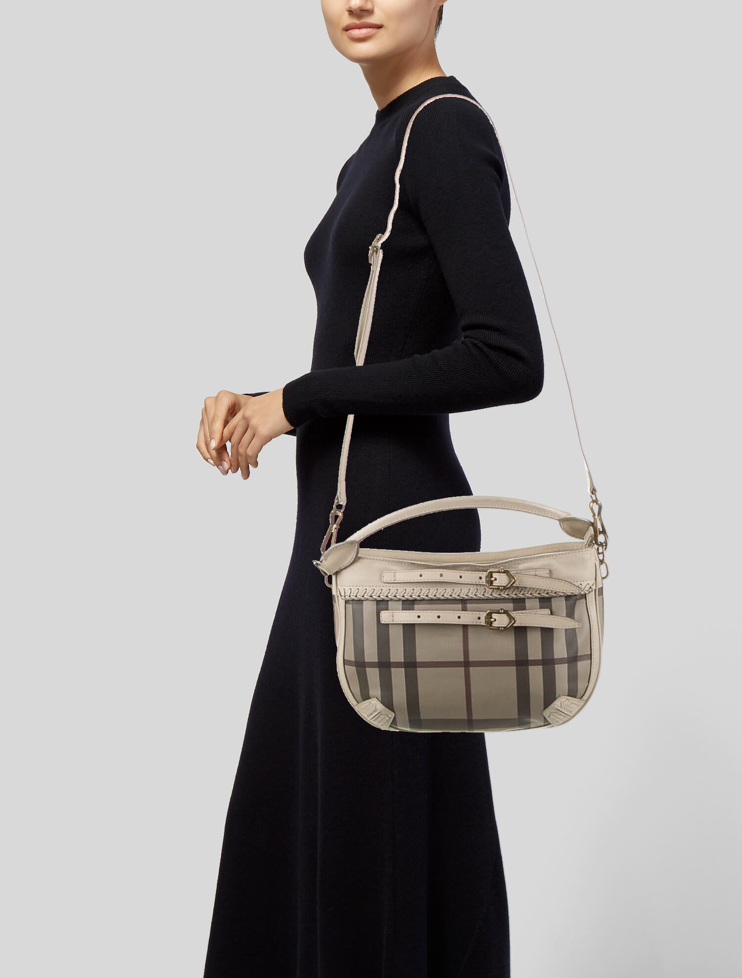 Burberry LeatherTrimmed Check Bag Grey Shoulder Bags, Handbags