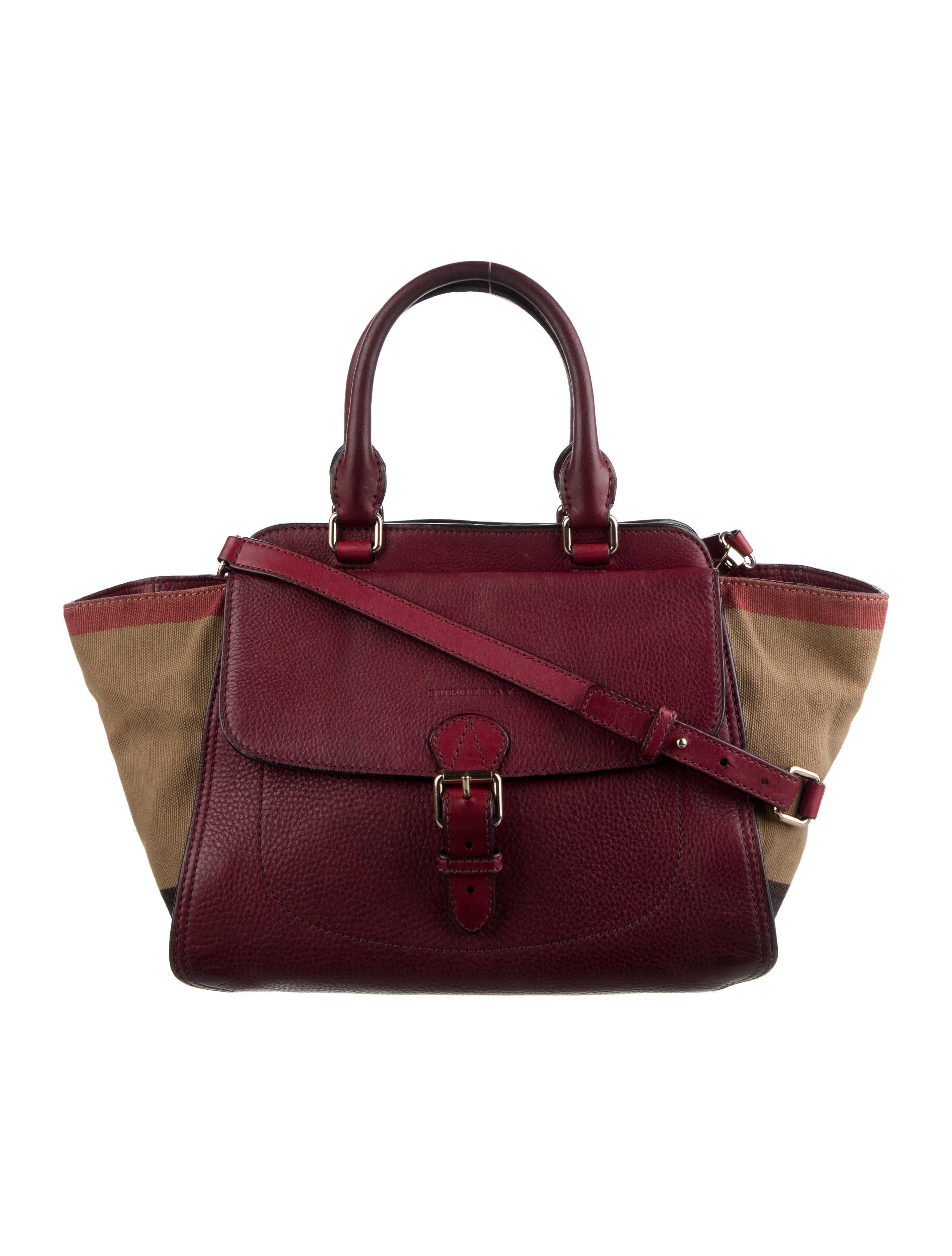 Burberry Leather House Check Camberley Top Handle Bag Burgundy Handle