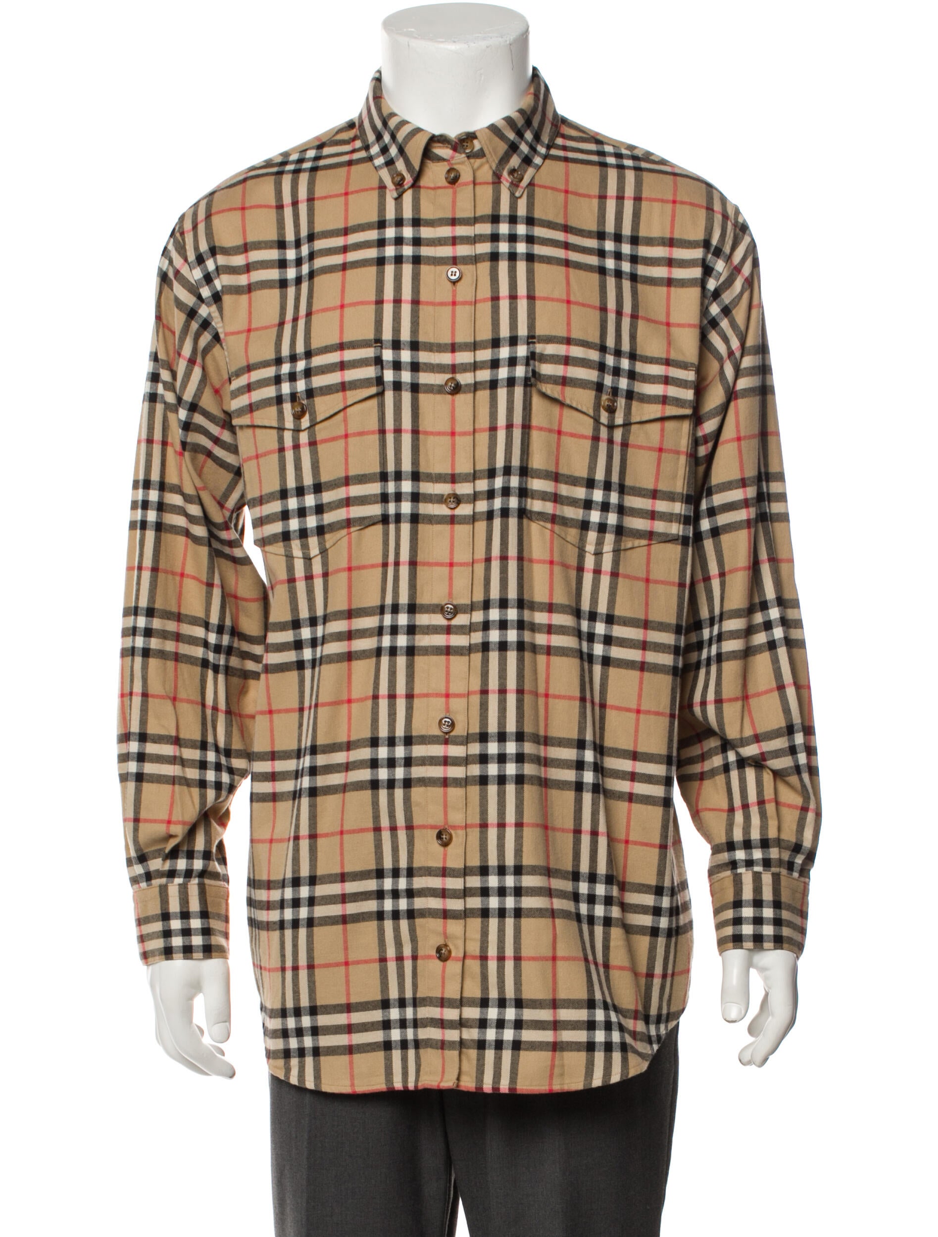 Burberry Plaid Print Long Sleeve Dress Shirt Neutrals Dress Shirts