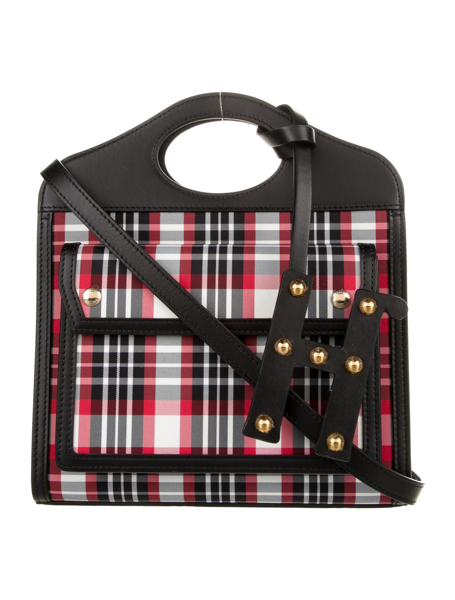 Burberry LeatherTrimmed Check Pocket Bag Red Handle Bags, Handbags