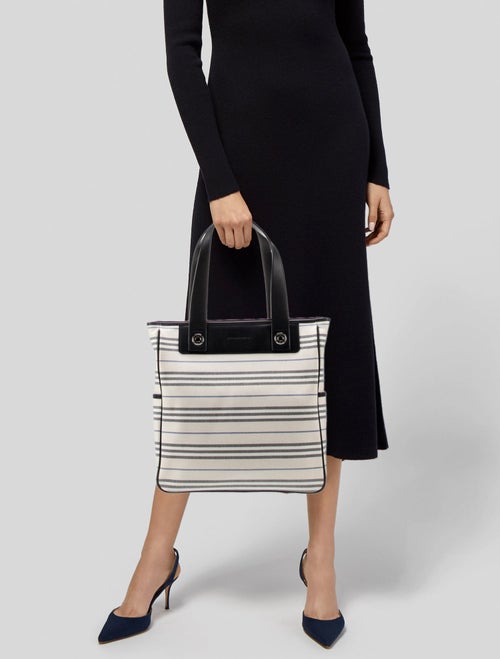 Burberry Leather Trimmed Canvas Vertical Tote Bag