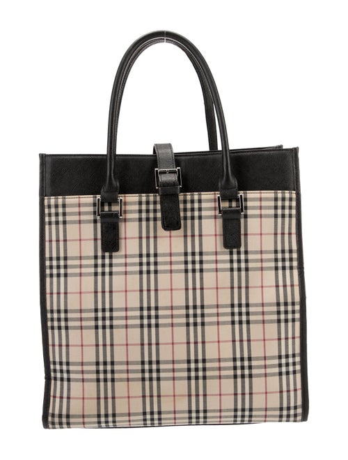 Burberry Leather Trimmed Canvas Vertical Tote Bag
