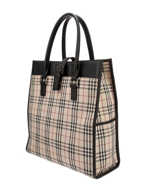 Burberry Leather Trimmed Canvas Vertical Tote Bag