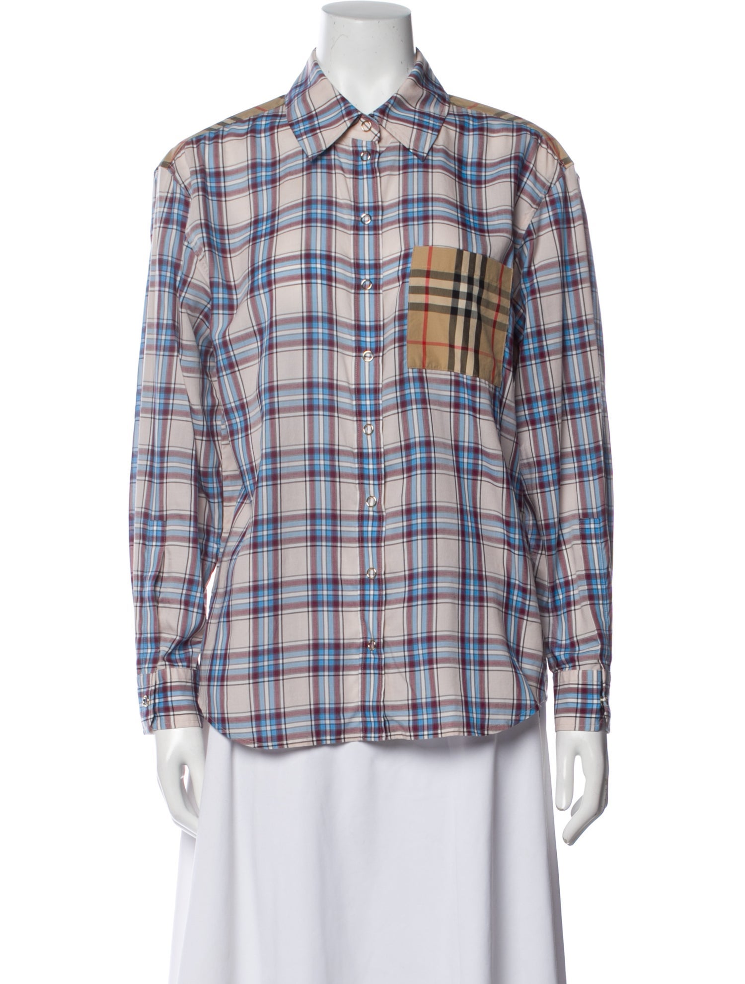 Burberry Plaid Print Long Sleeve Button-Up Top