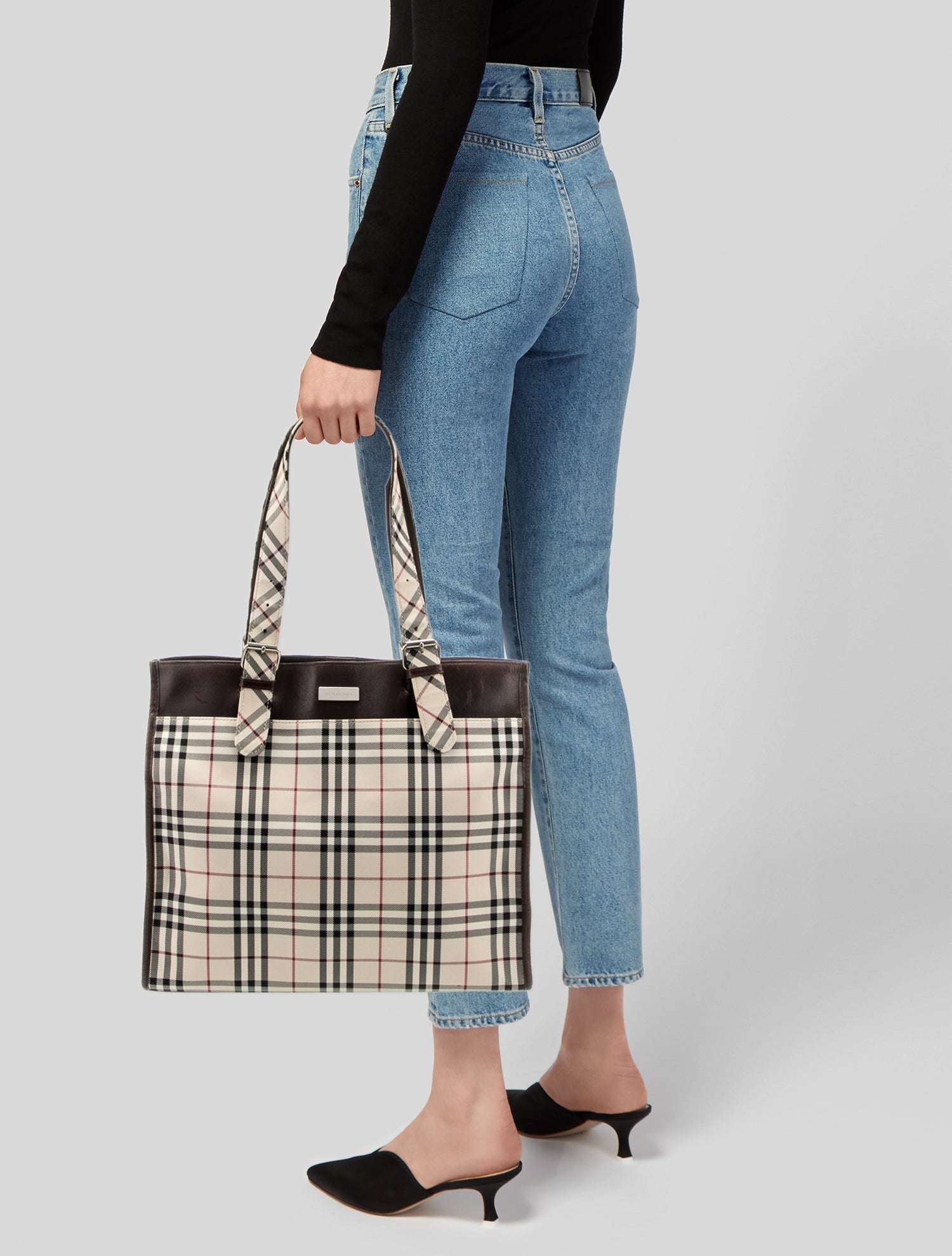 Burberry Plaid Coated Canvas Tote Bag