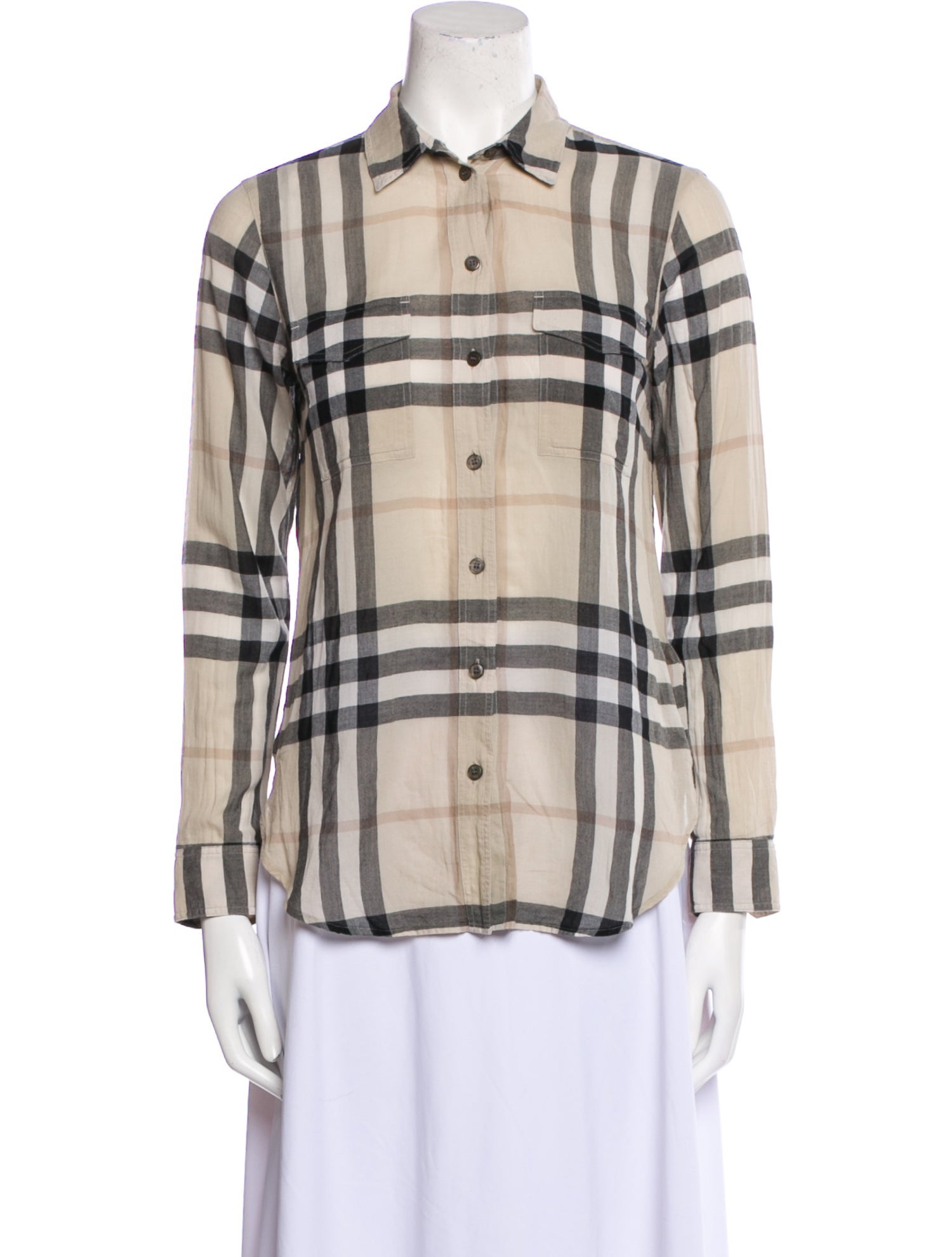 Burberry Plaid Print Long Sleeve Button-Up Top