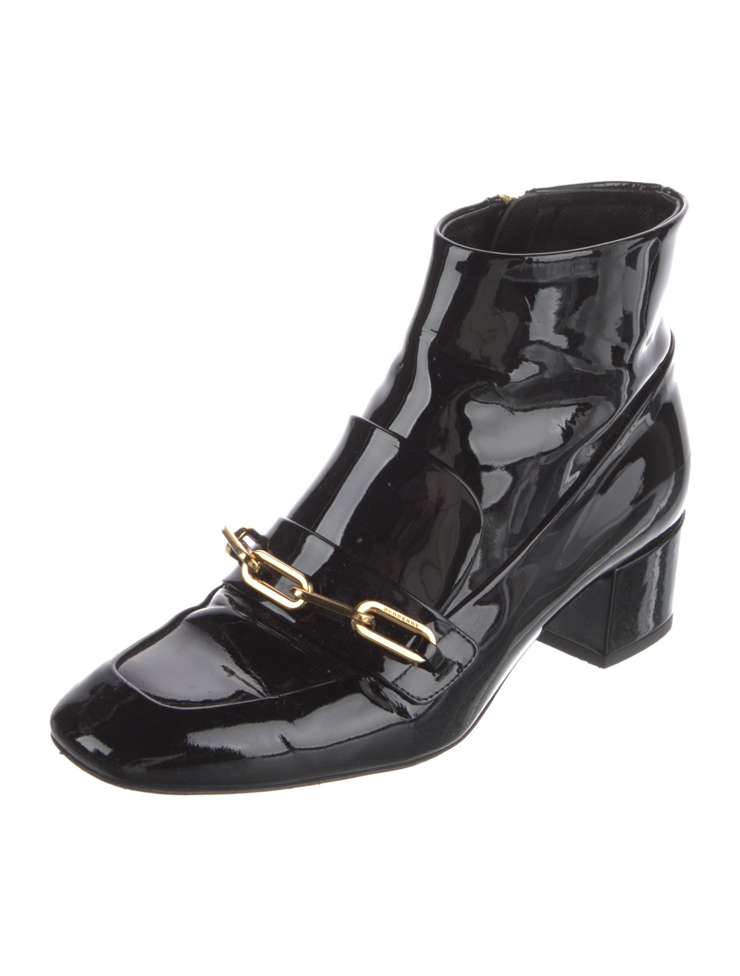 Burberry Chain-Link Accent Patent Leather Boots