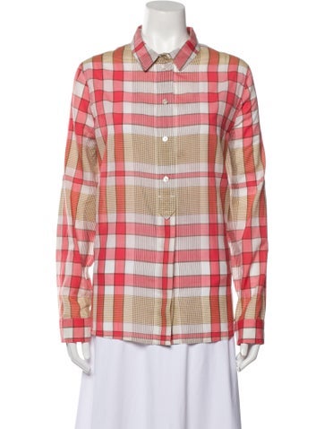 Burberry Brit Tops Plaid Print Long Sleeve Button-Up Top L