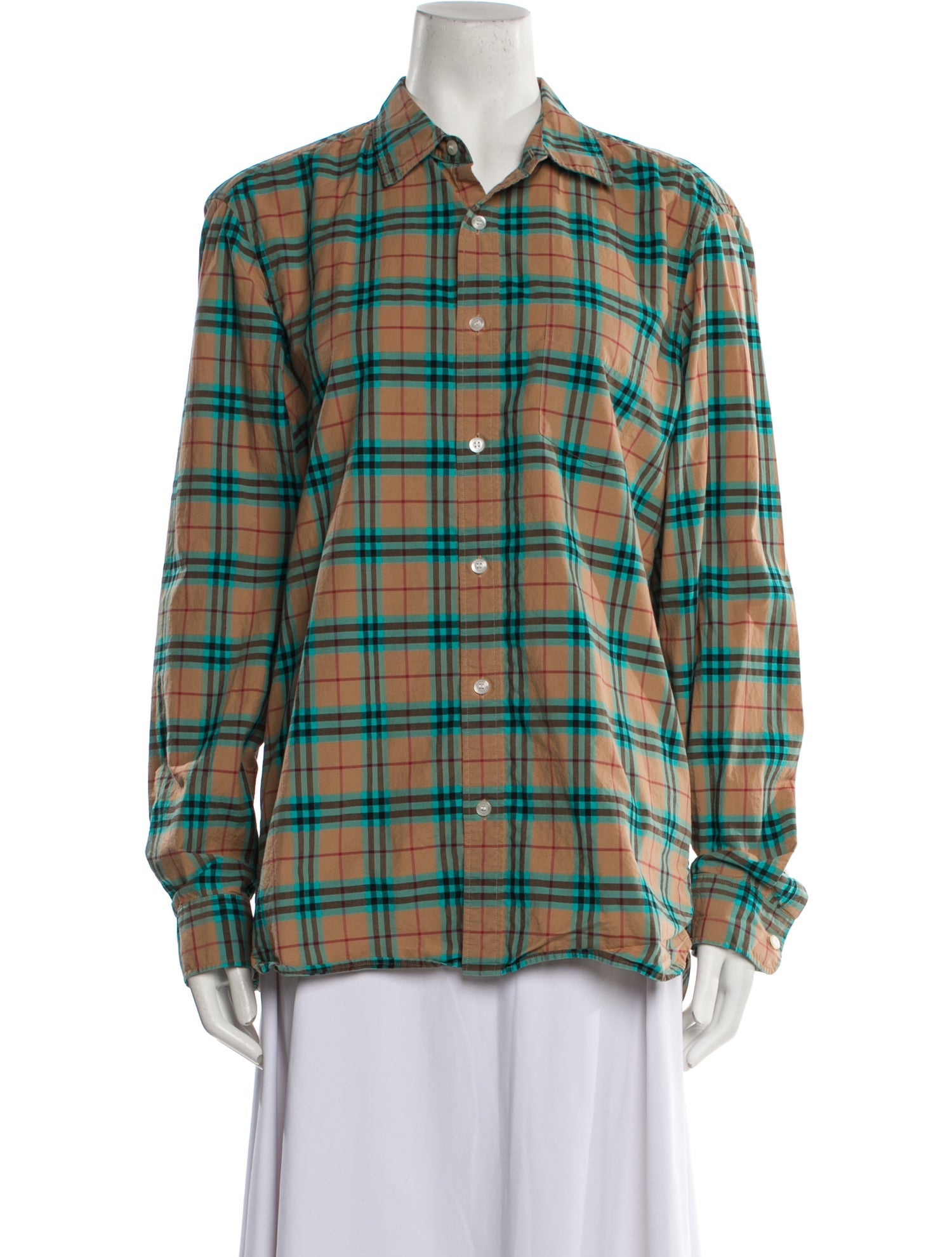 Burberry Plaid Print Long Sleeve Button-Up Top