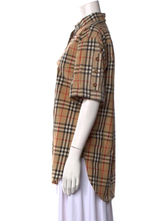 Burberry Plaid Print Mock Neck Button-Up Top