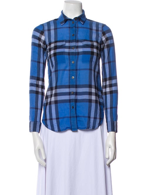 Burberry Plaid Print Three-Quarter Sleeve Button-Up Top