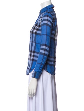Burberry Plaid Print Three-Quarter Sleeve Button-Up Top