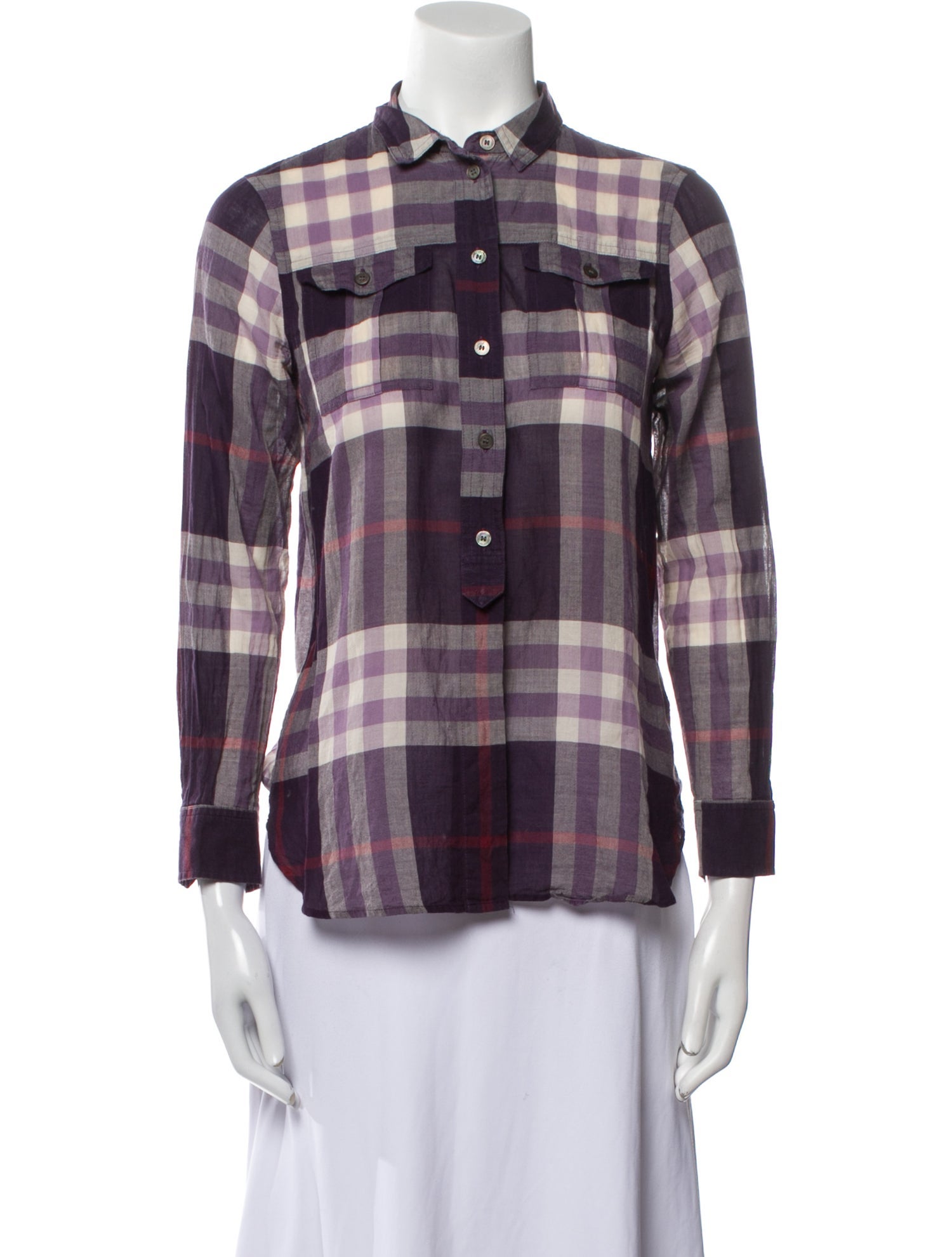 Burberry Plaid Print Long Sleeve Button-Up Top