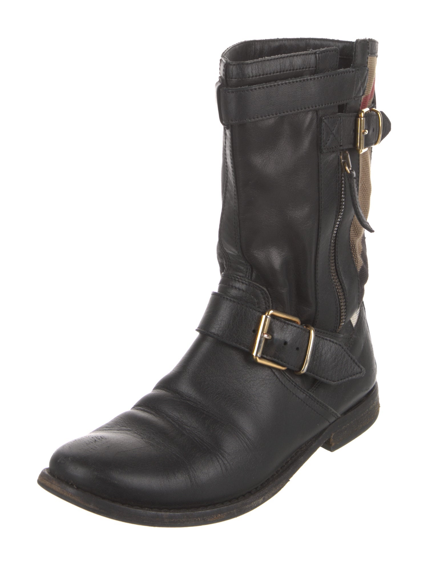 Burberry Nova Check Pattern Leather Moto Boots