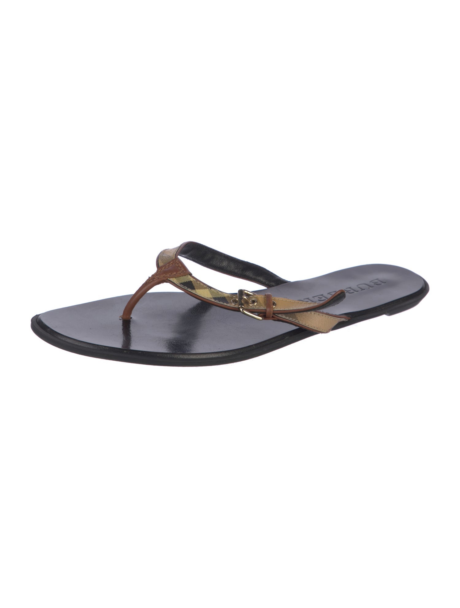 Burberry Nova Check Pattern Leather Trim Embellishment Slides