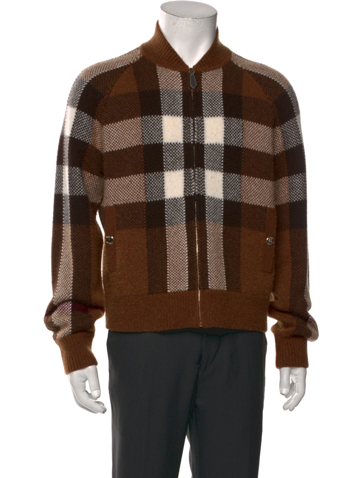 Burberry Wool Plaid Print Cardigan