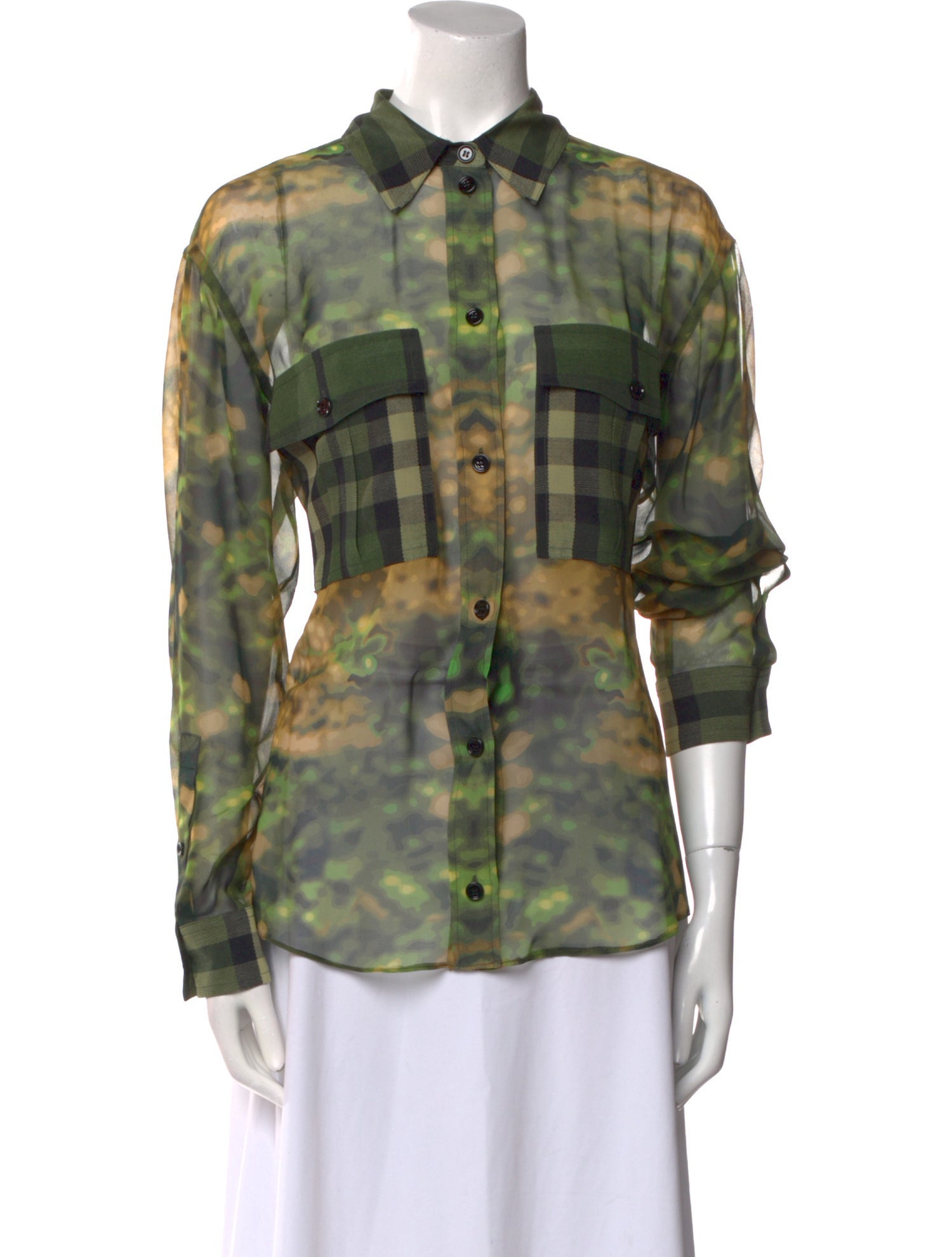 Burberry Silk Plaid Print Button-Up Top