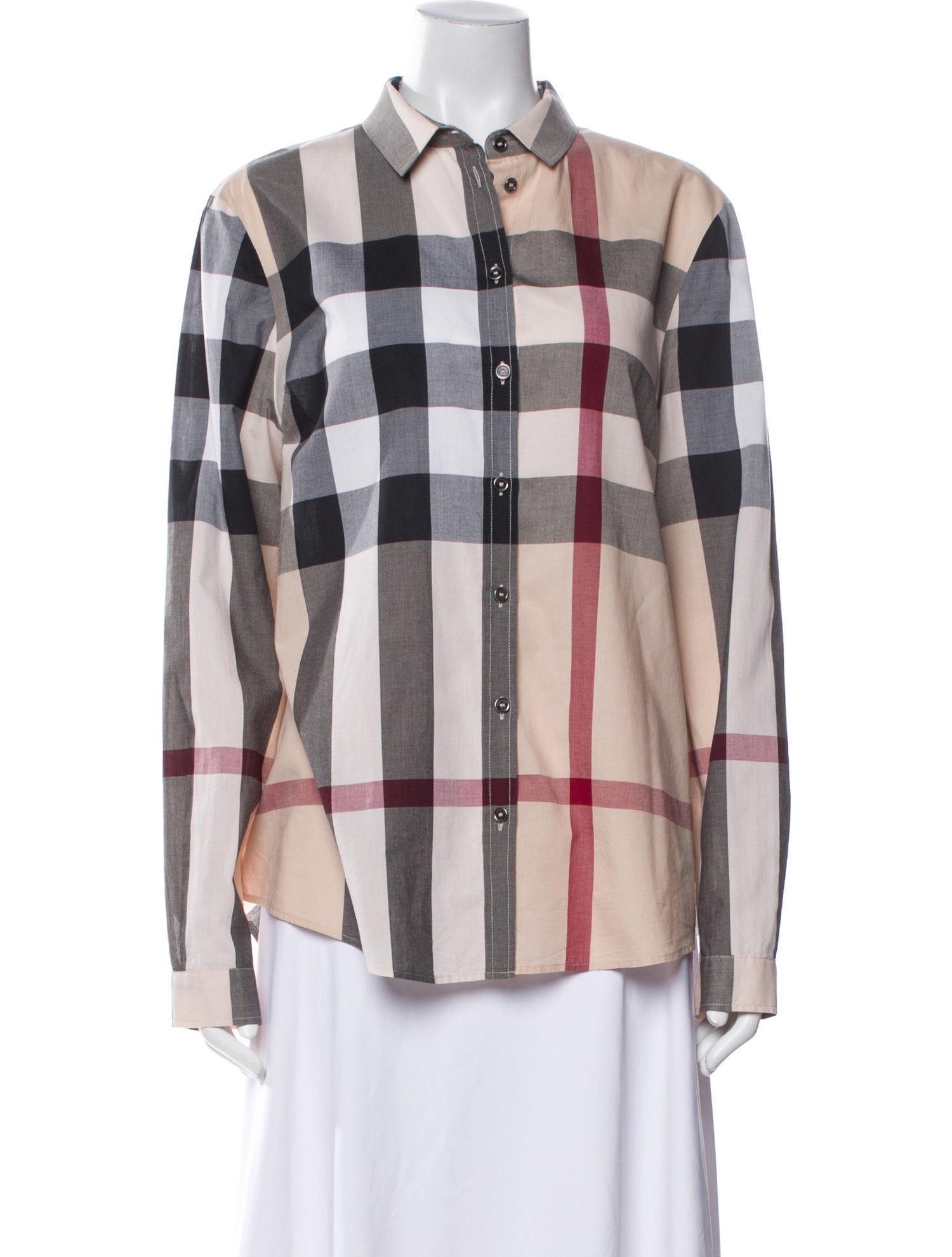 Burberry Plaid Print Long Sleeve Button-Up Top