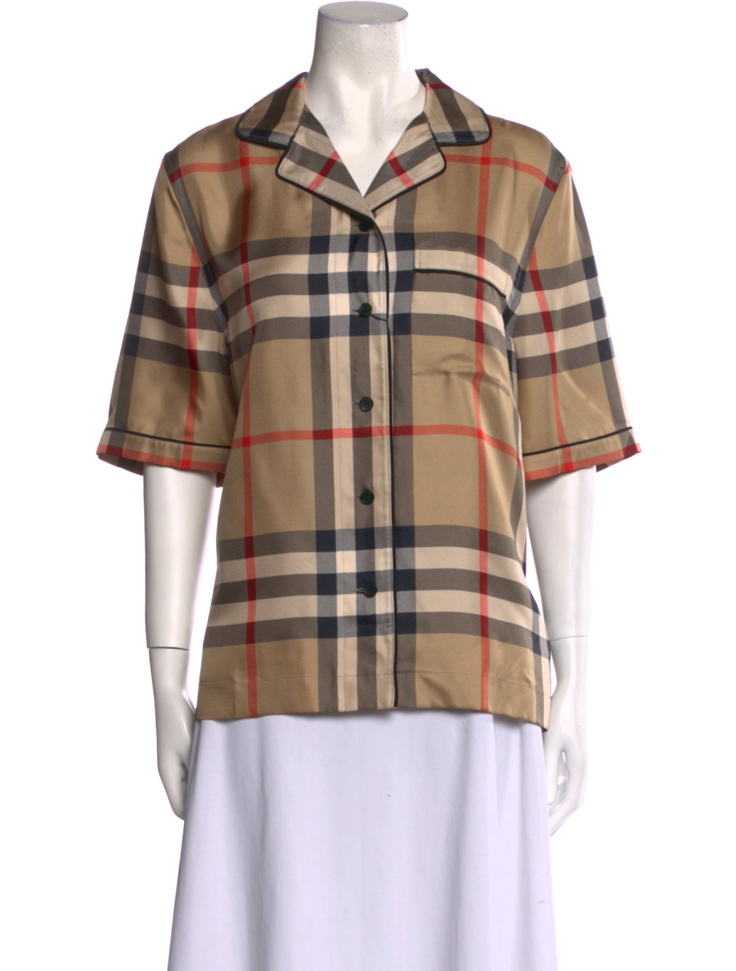 Burberry Silk Plaid Print Button-Up Top