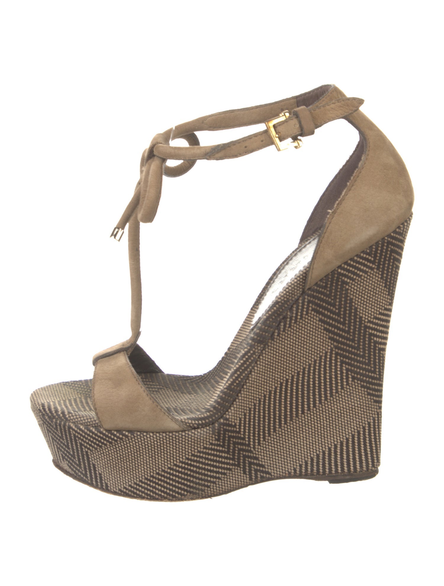 Burberry Suede Plaid Print T-Strap Sandals