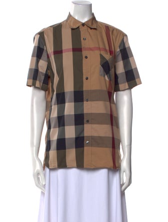 Burberry Plaid Print Short Sleeve Button-Up Top