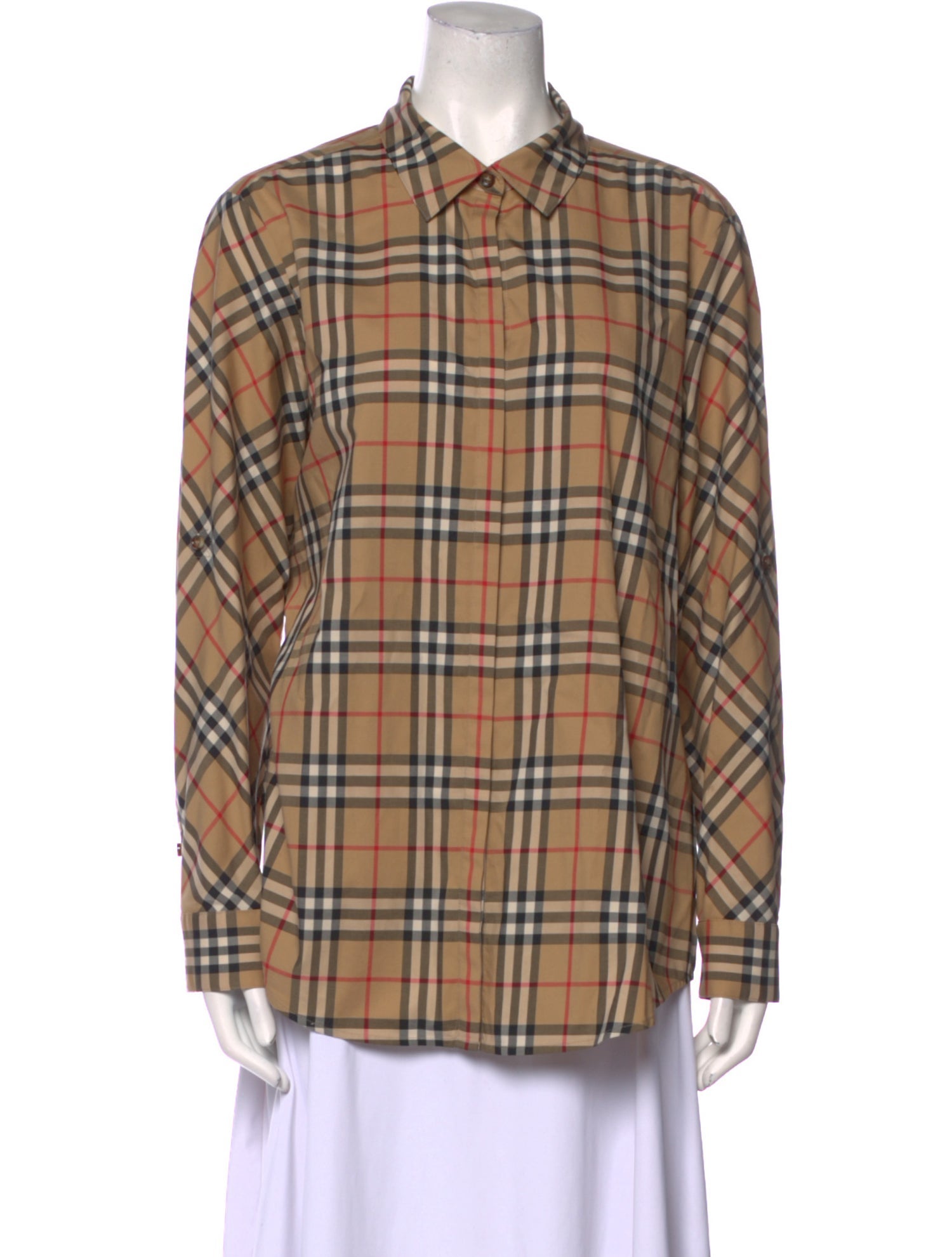 Burberry Plaid Print Long Sleeve Button-Up Top