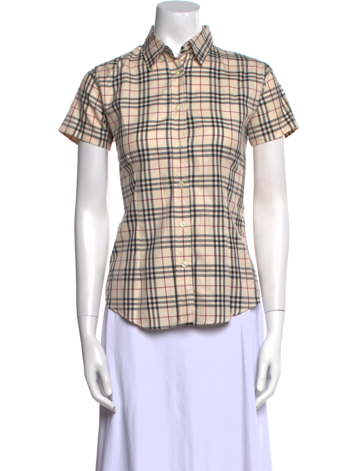Burberry Plaid Print Short Sleeve Button-Up Top