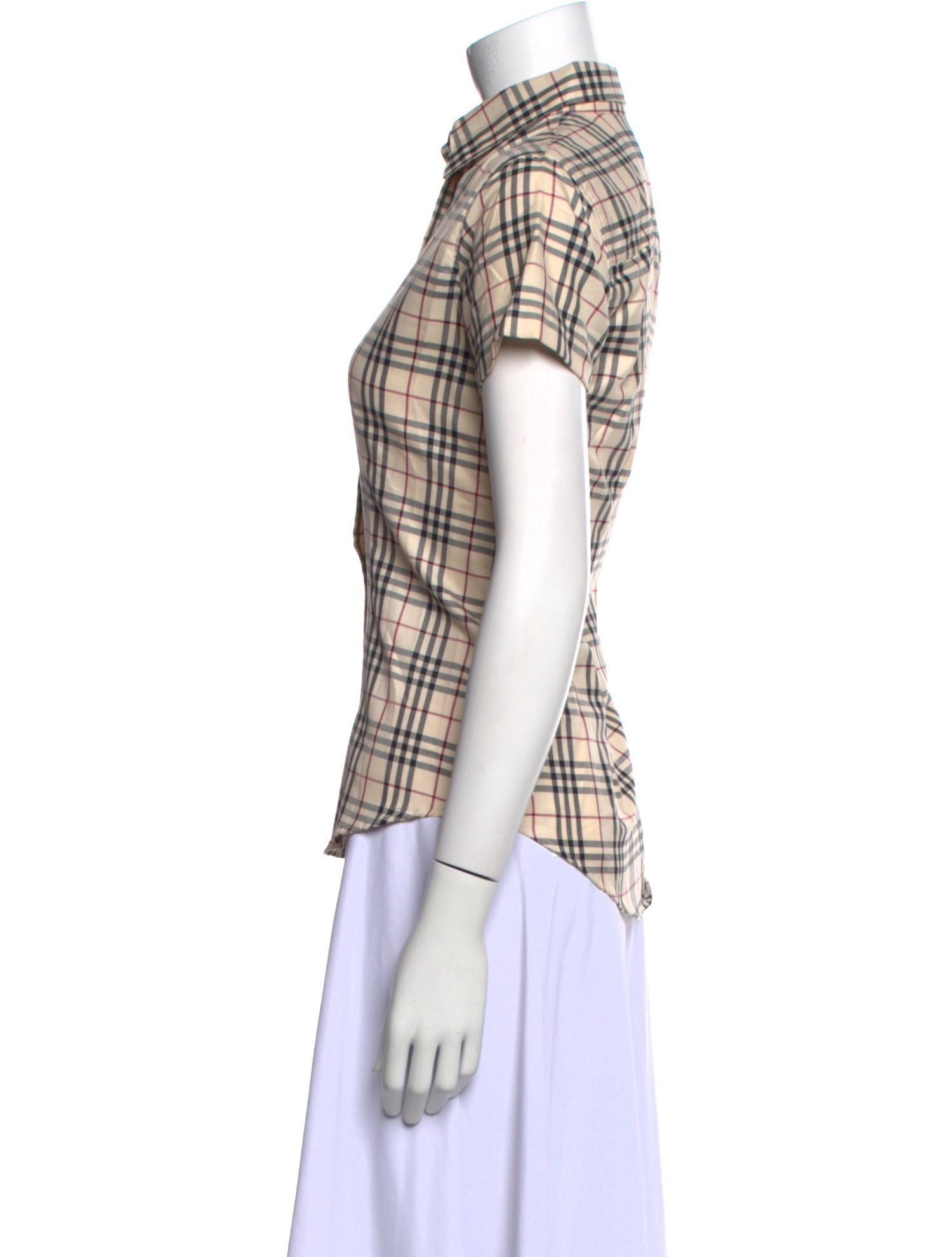 Burberry Plaid Print Short Sleeve Button-Up Top