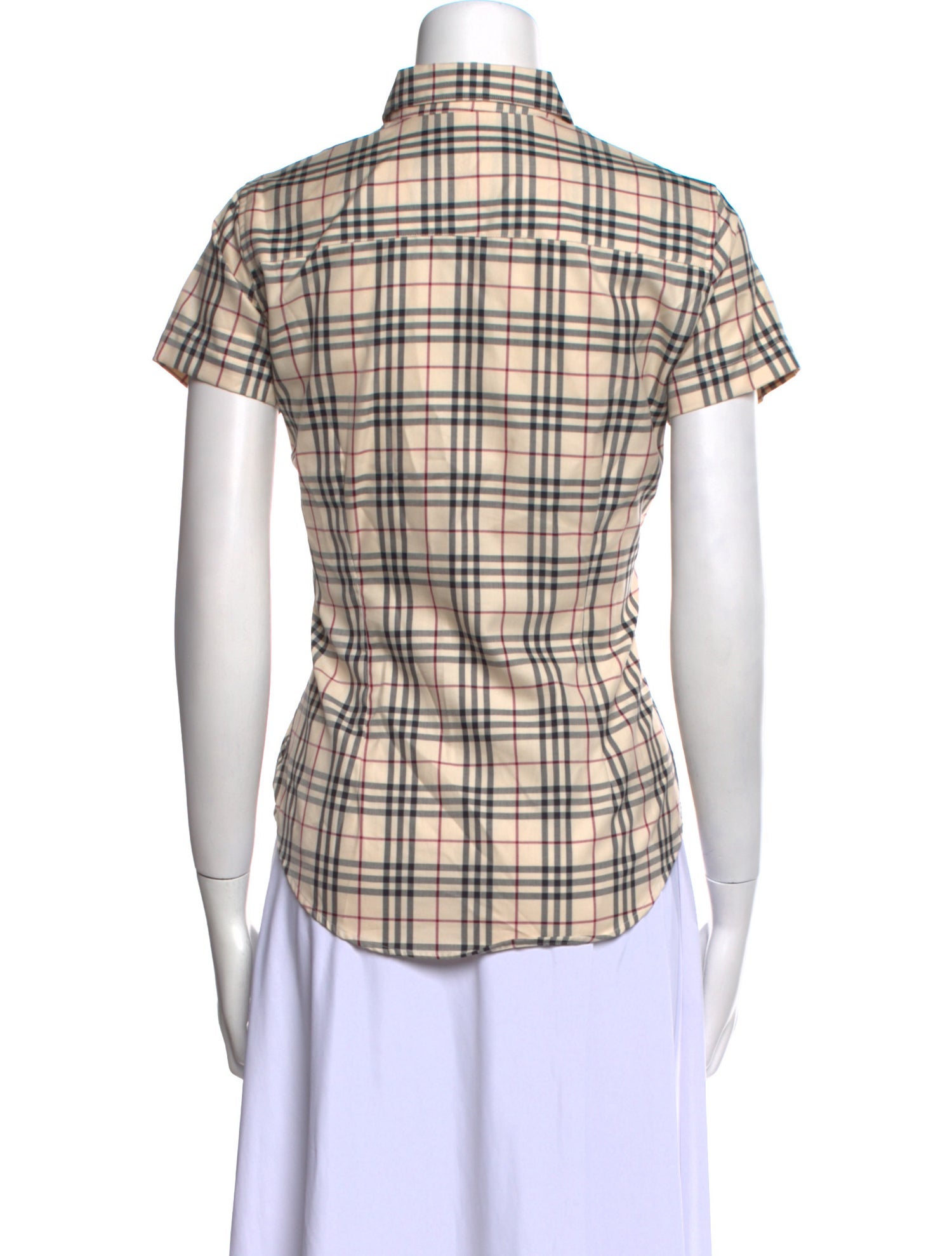 Burberry Plaid Print Short Sleeve Button-Up Top