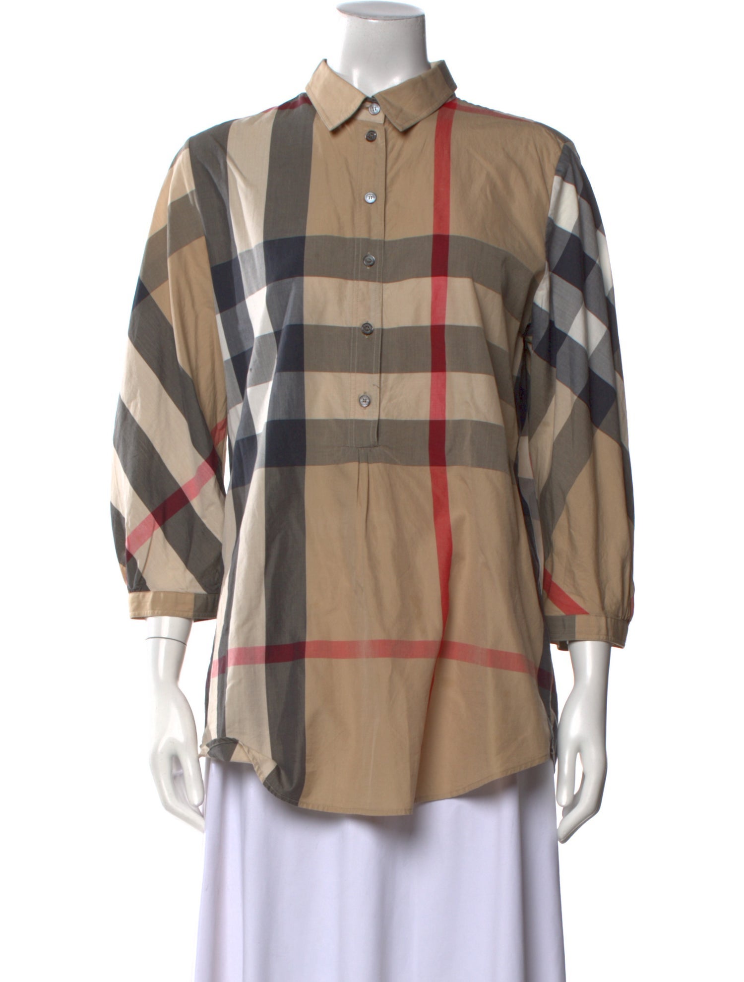 Burberry Brit Plaid Print Three-Quarter Sleeve Button-Up Top