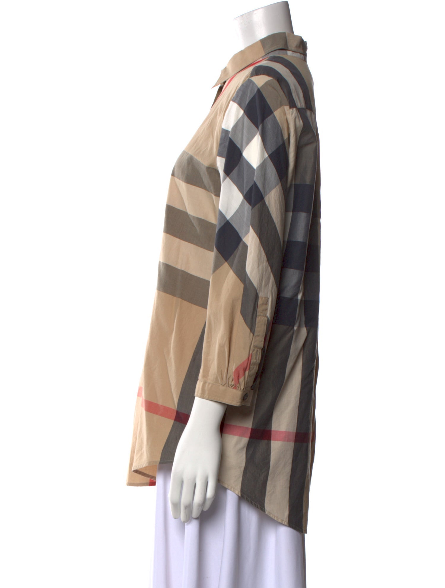 Burberry Brit Plaid Print Three-Quarter Sleeve Button-Up Top