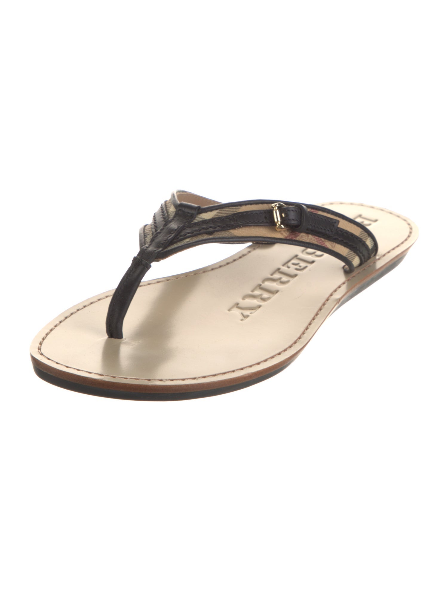 Burberry Haymarket Animalier Check Leather Trim Embellishment Flip Flops