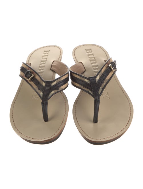 Burberry Haymarket Animalier Check Leather Trim Embellishment Flip Flops