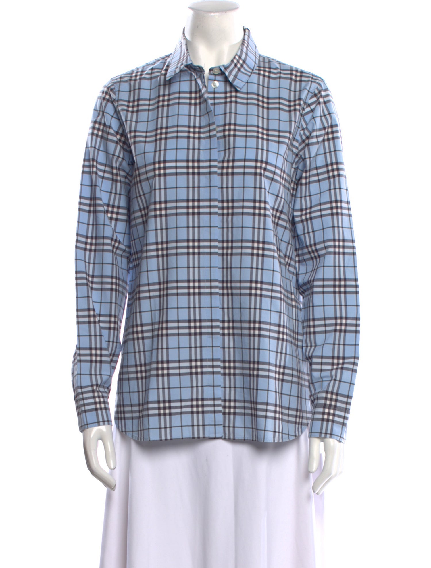 Burberry Plaid Print Long Sleeve Button-Up Top