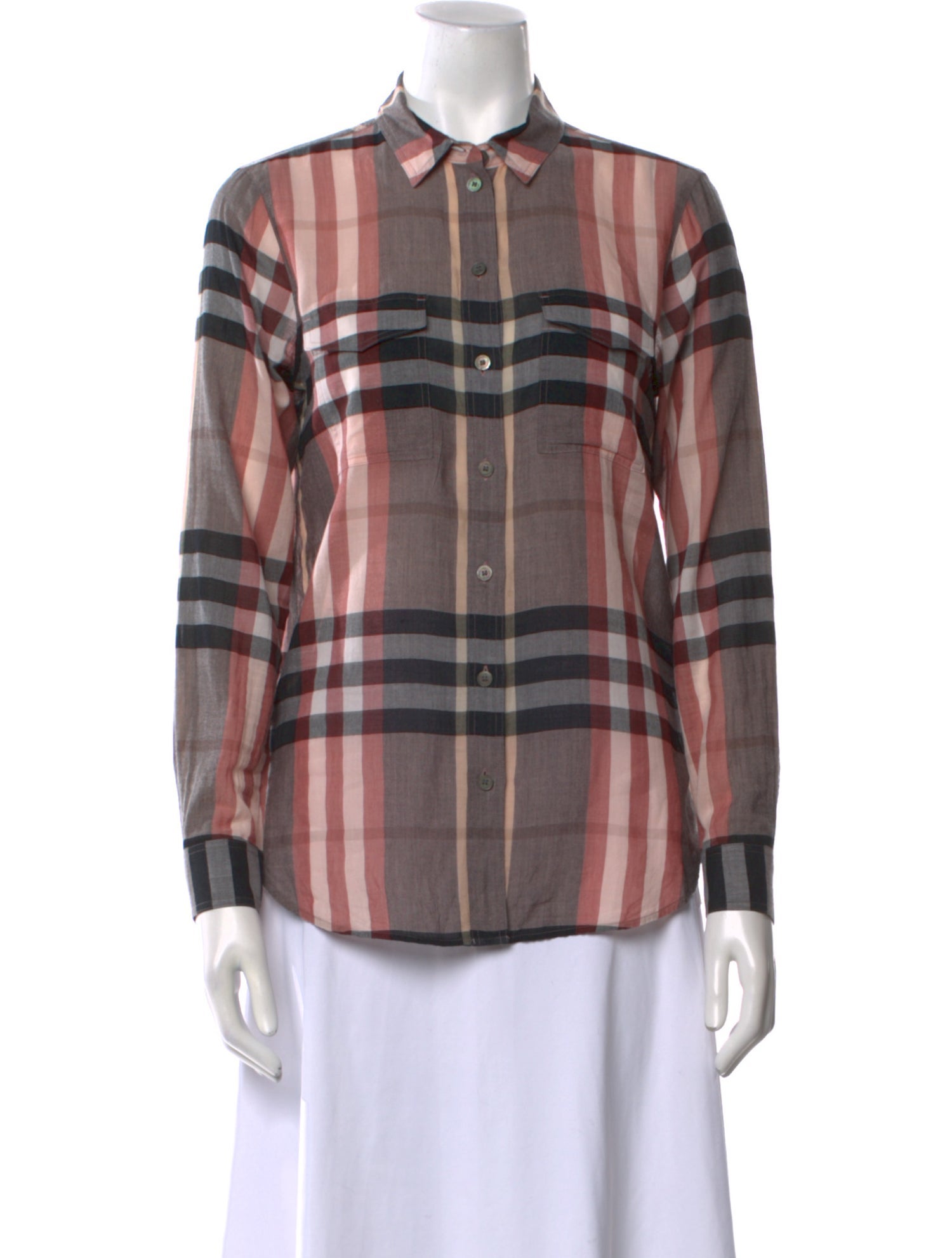 Burberry Plaid Print Long Sleeve Button-Up Top