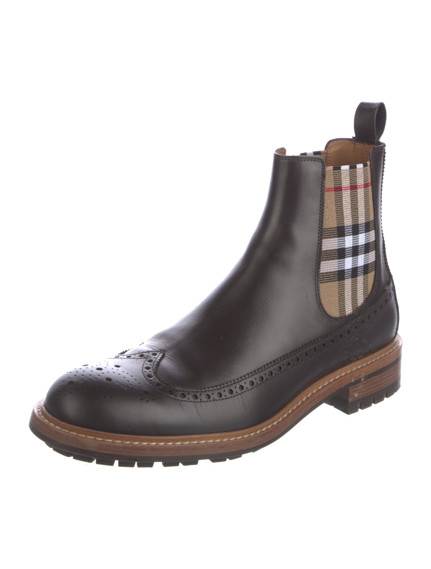 Burberry Leather Plaid Print Chelsea Boots