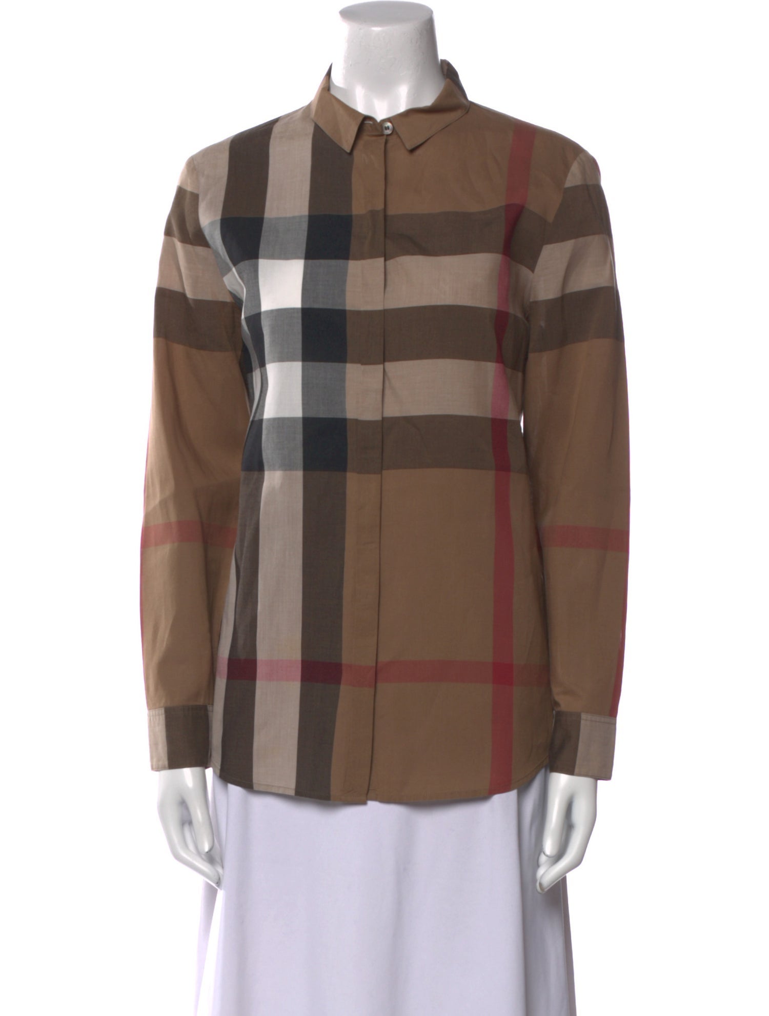 Burberry Plaid Print Long Sleeve Button-Up Top