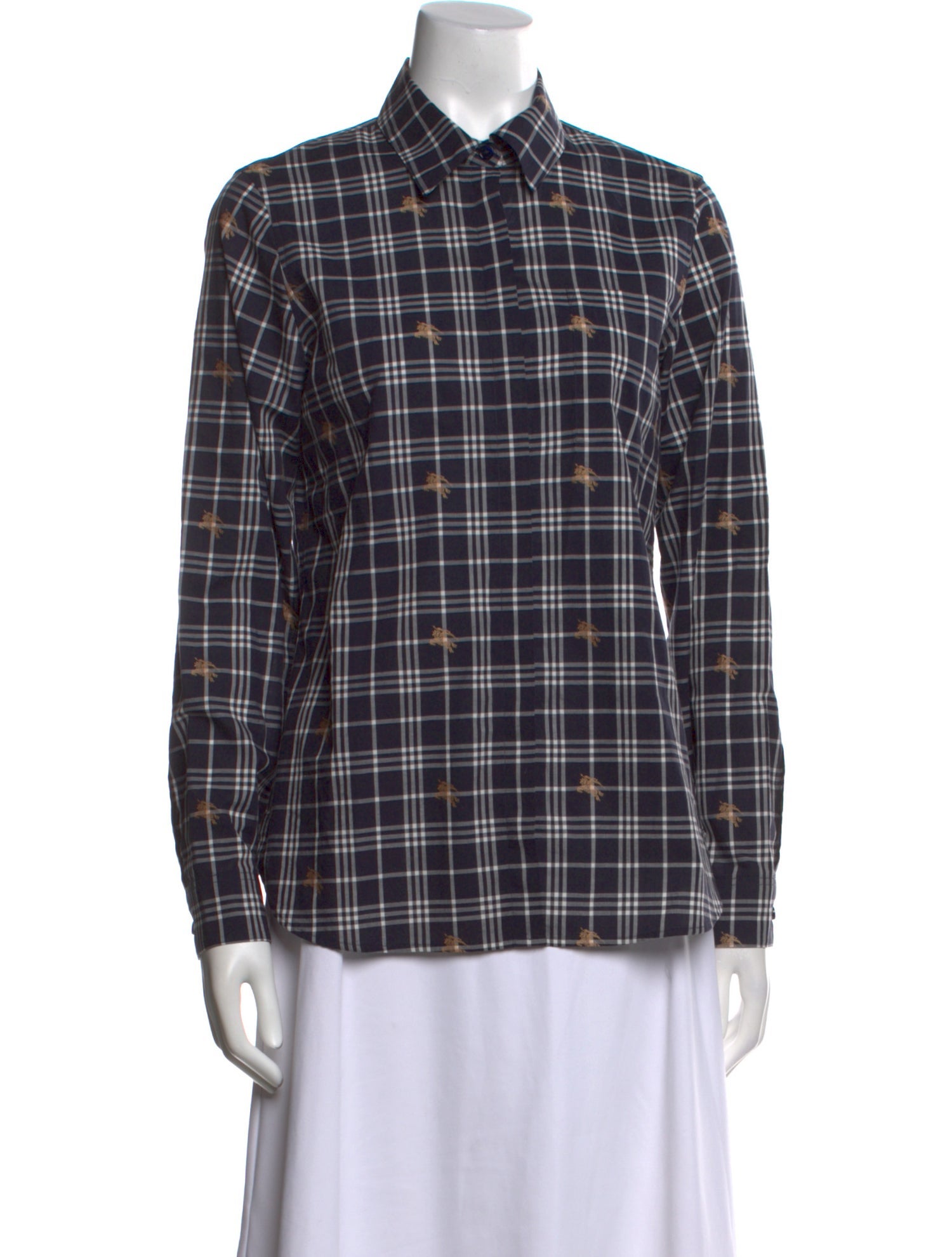 Burberry Plaid Print Long Sleeve Button-Up Top