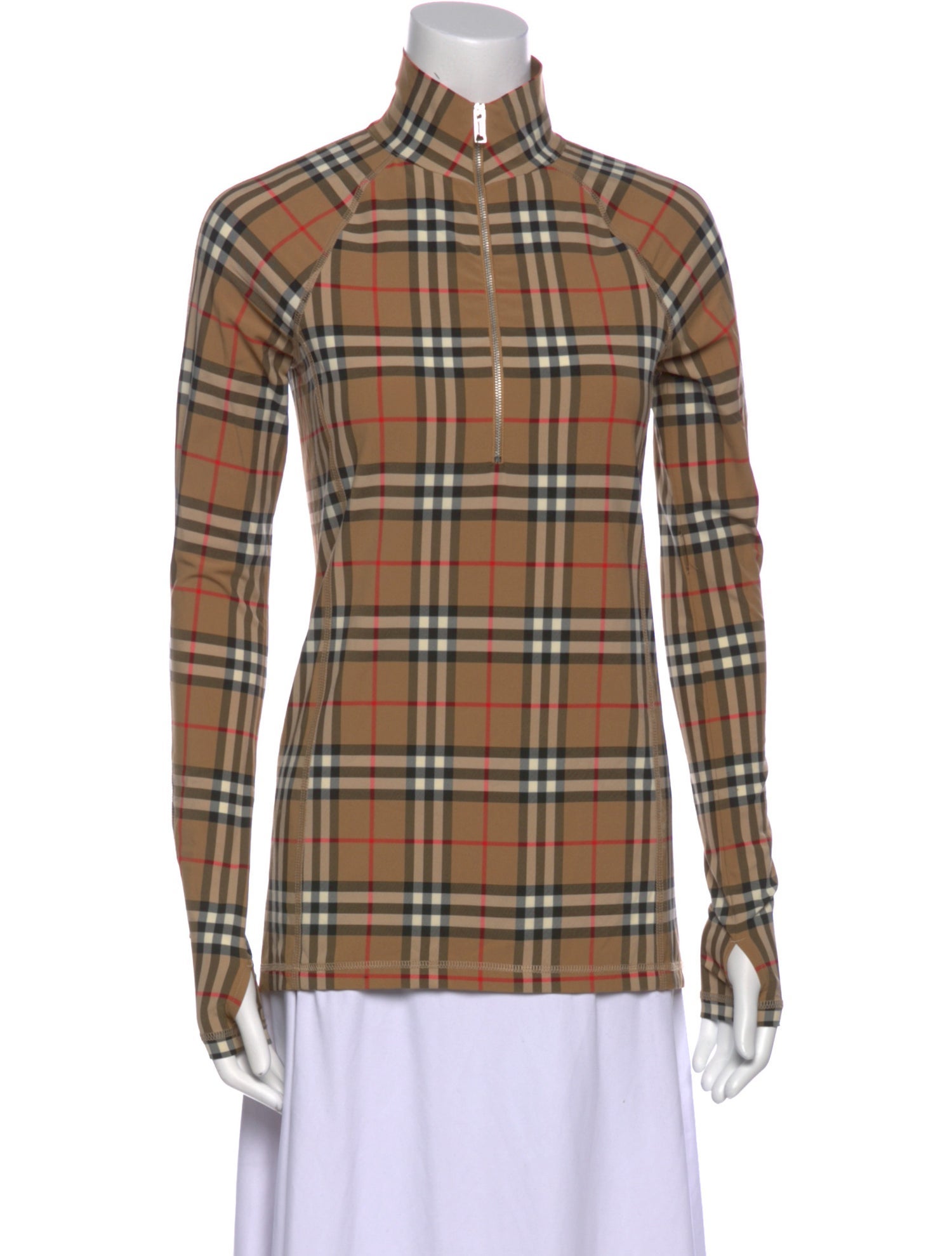 Burberry Plaid Print Mock Neck Button-Up Top