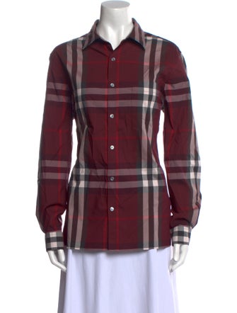 Burberry Plaid Print Long Sleeve Button-Up Top