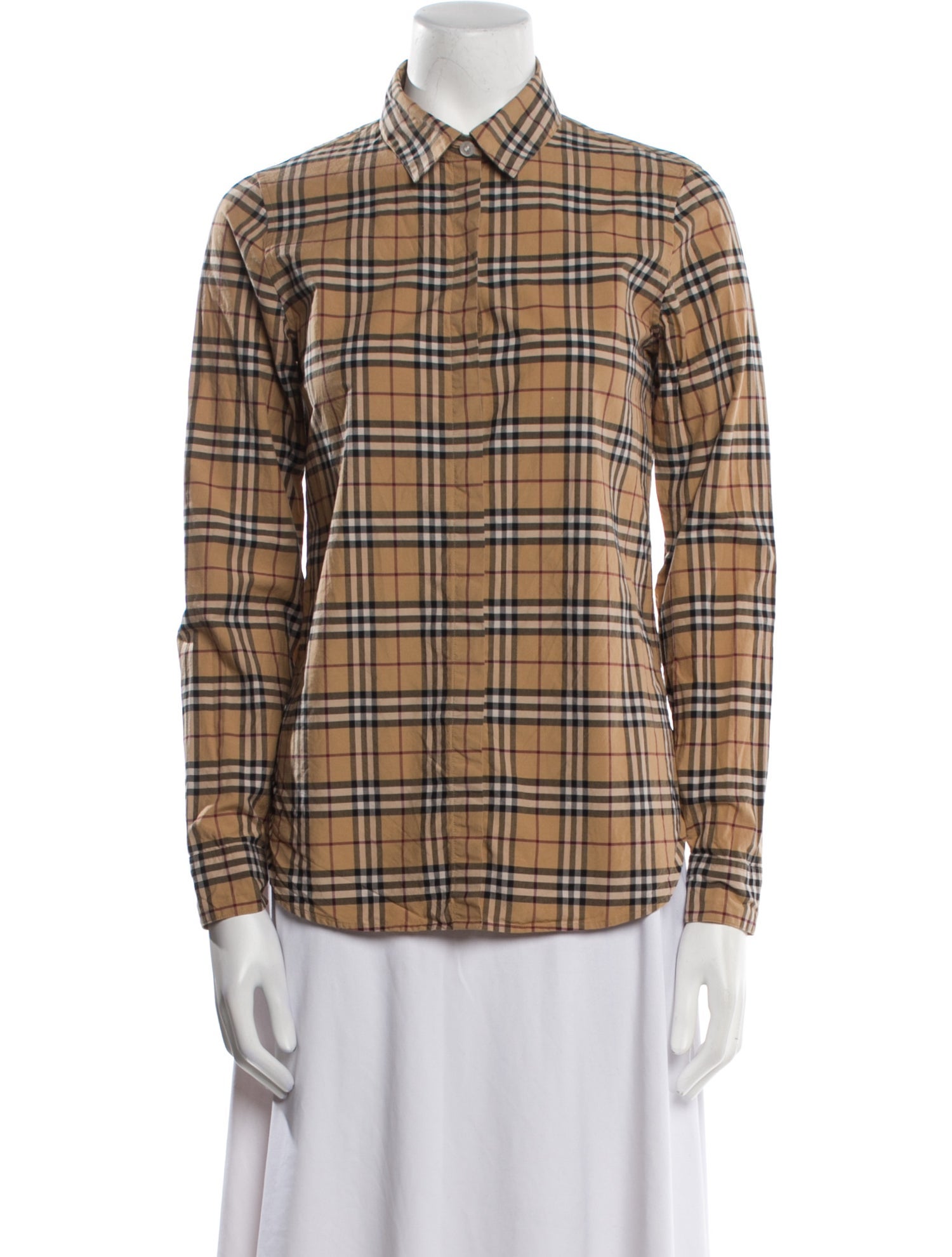 Burberry Plaid Print Long Sleeve Button-Up Top