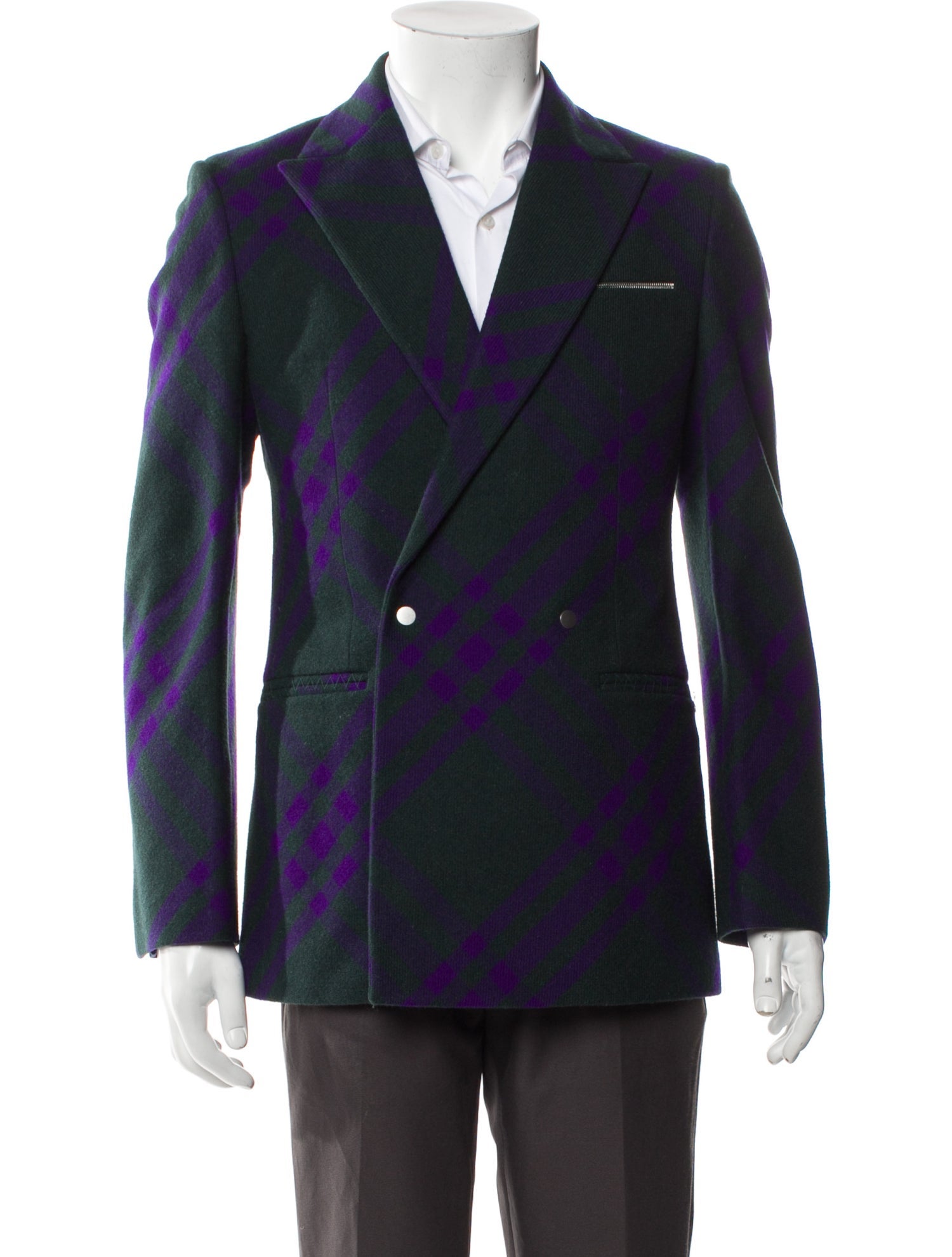 Burberry Virgin Wool Plaid Print Peacoat
