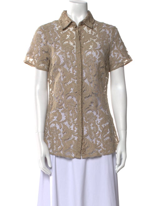 Burberry London Lace Pattern Short Sleeve Button-Up Top