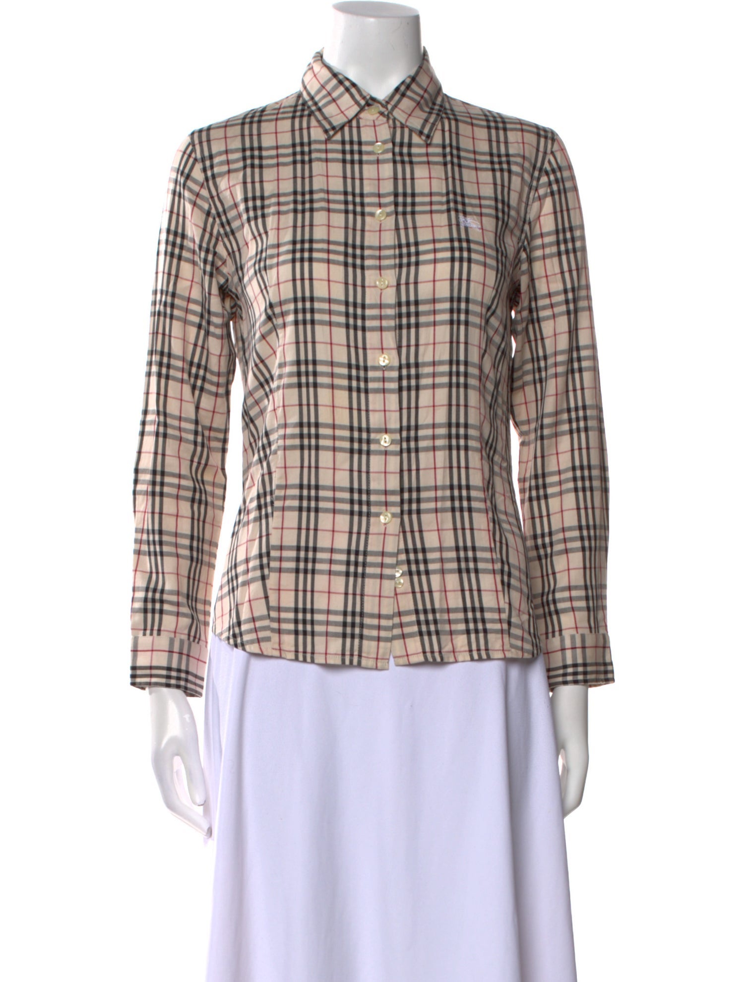 Burberry London Plaid Print Long Sleeve Button-Up Top