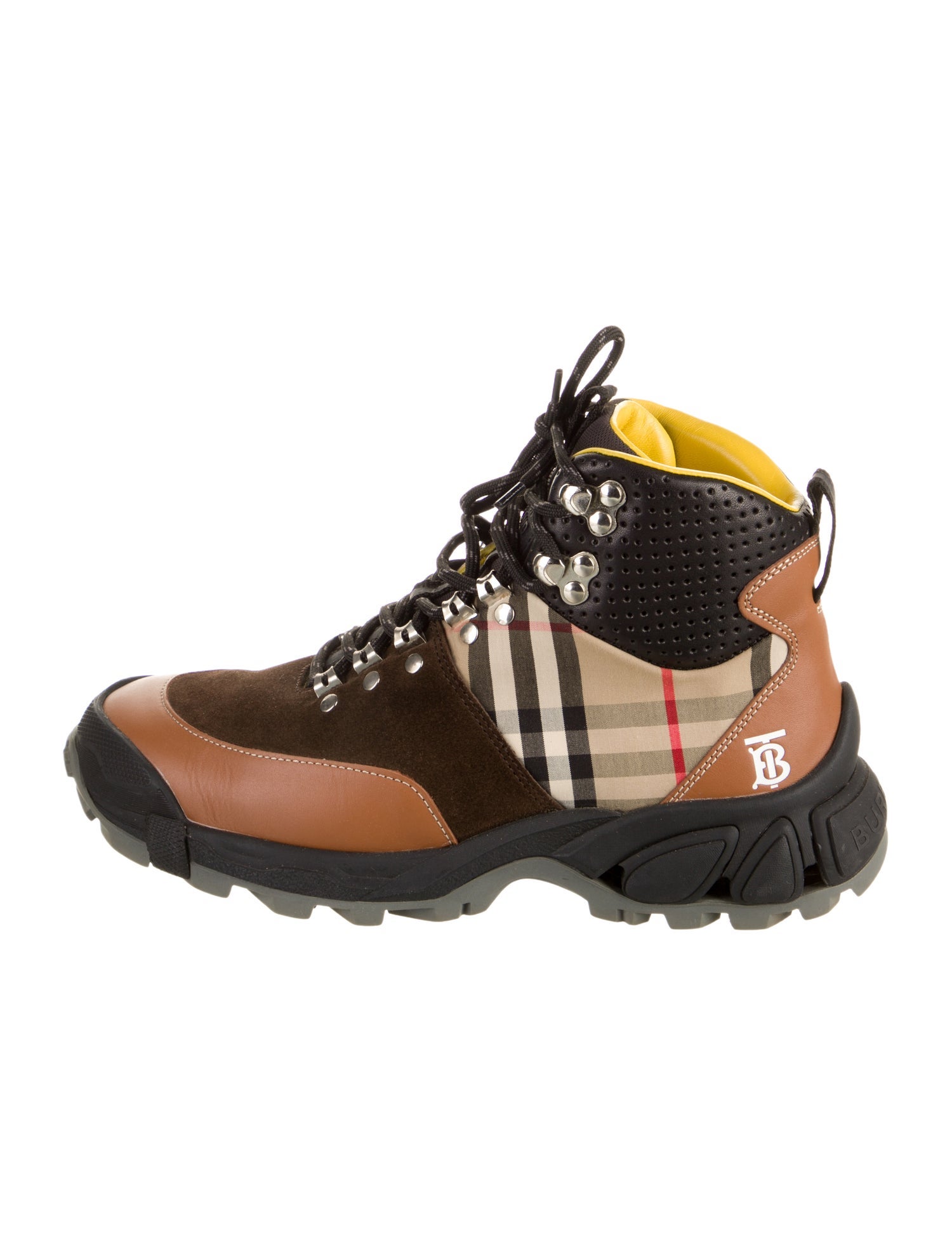 Burberry Leather Plaid Print Hiking Boots