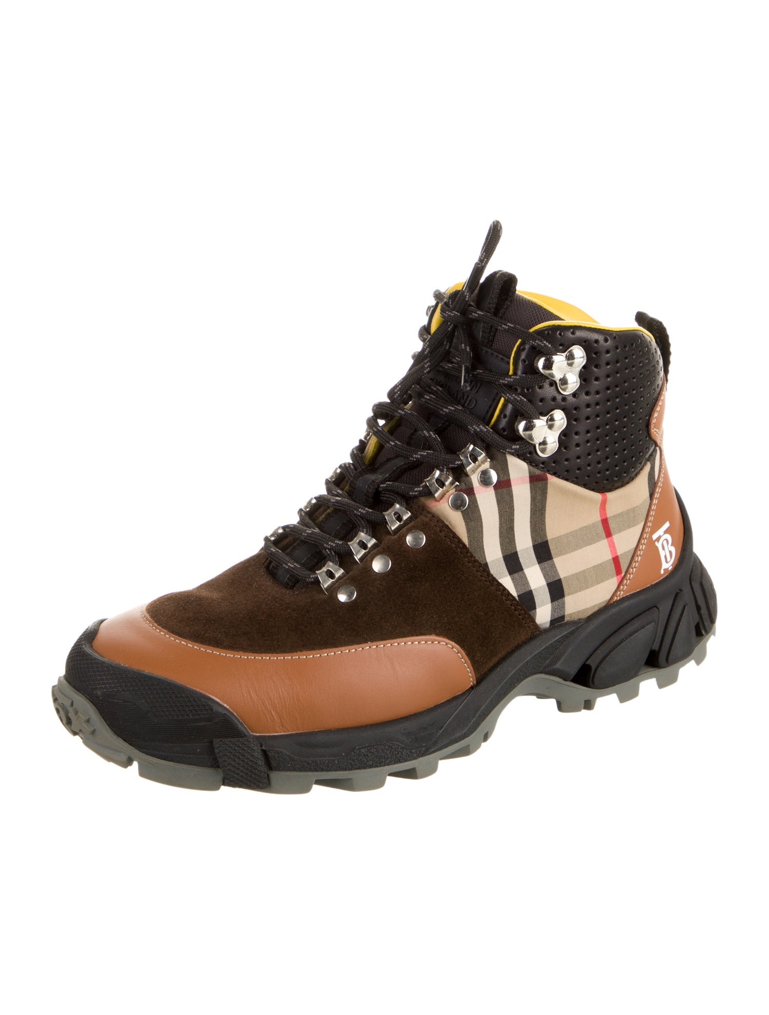 Burberry Leather Plaid Print Hiking Boots