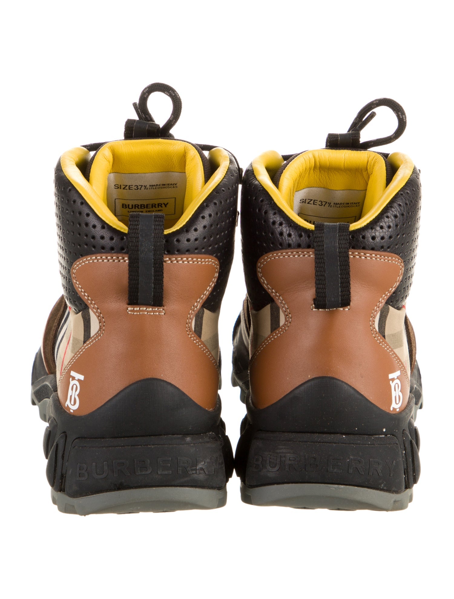 Burberry Leather Plaid Print Hiking Boots