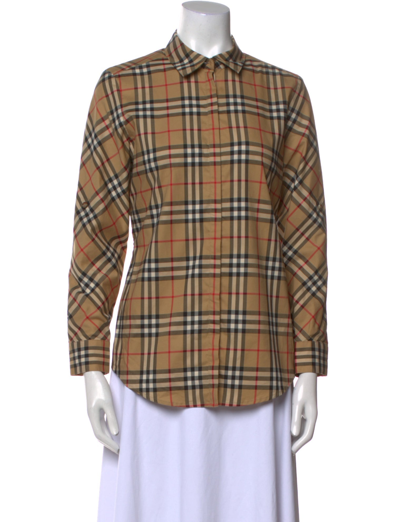 Burberry Plaid Print Long Sleeve Button-Up Top